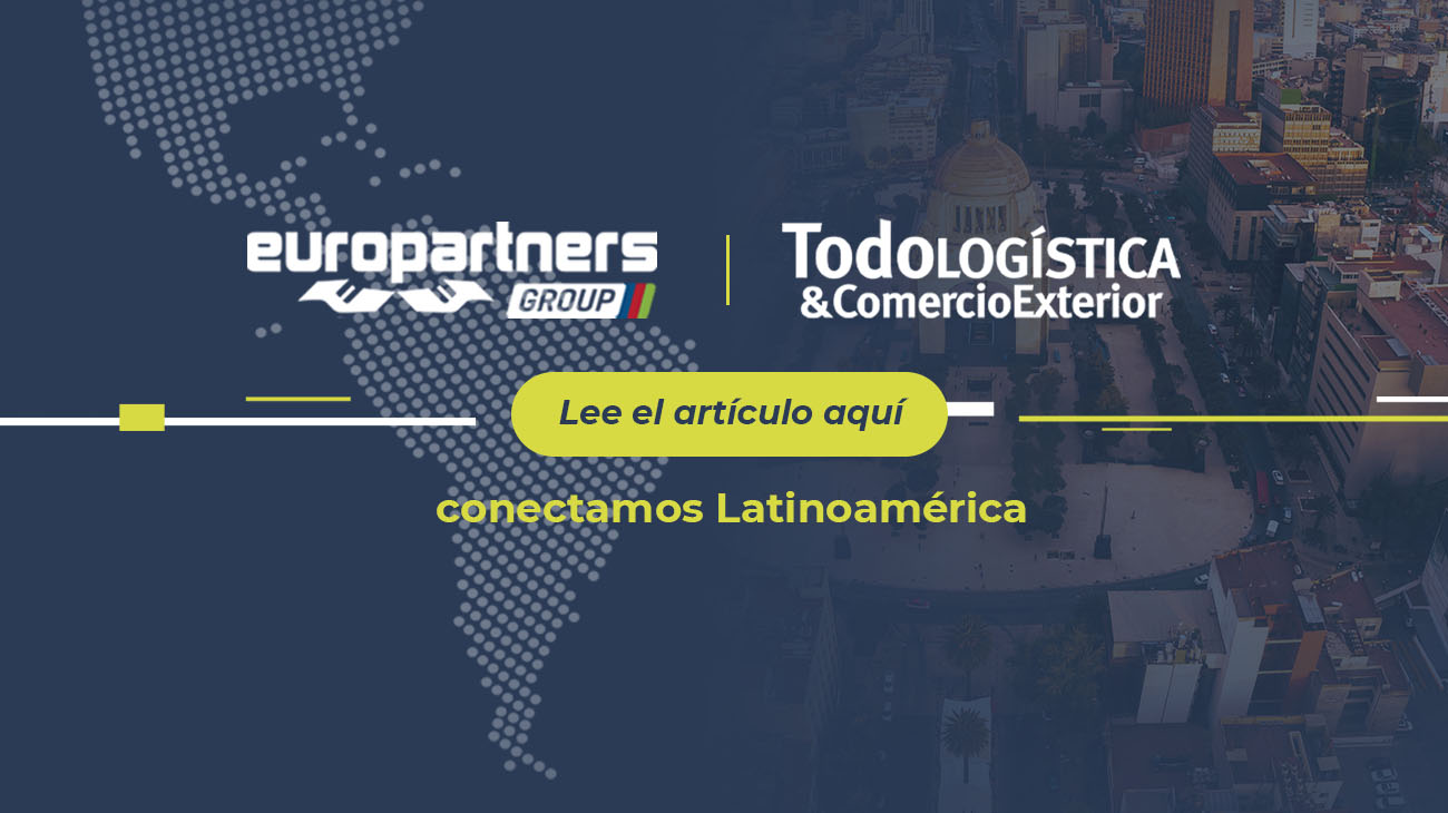 Sobre el mapa de Latinoamérica y la foto de una industria especializada, está escrito europartners group y todologística, conectammos latinoamérica. Hay un botón dónde puedes dar clic para leer el artículo completo.