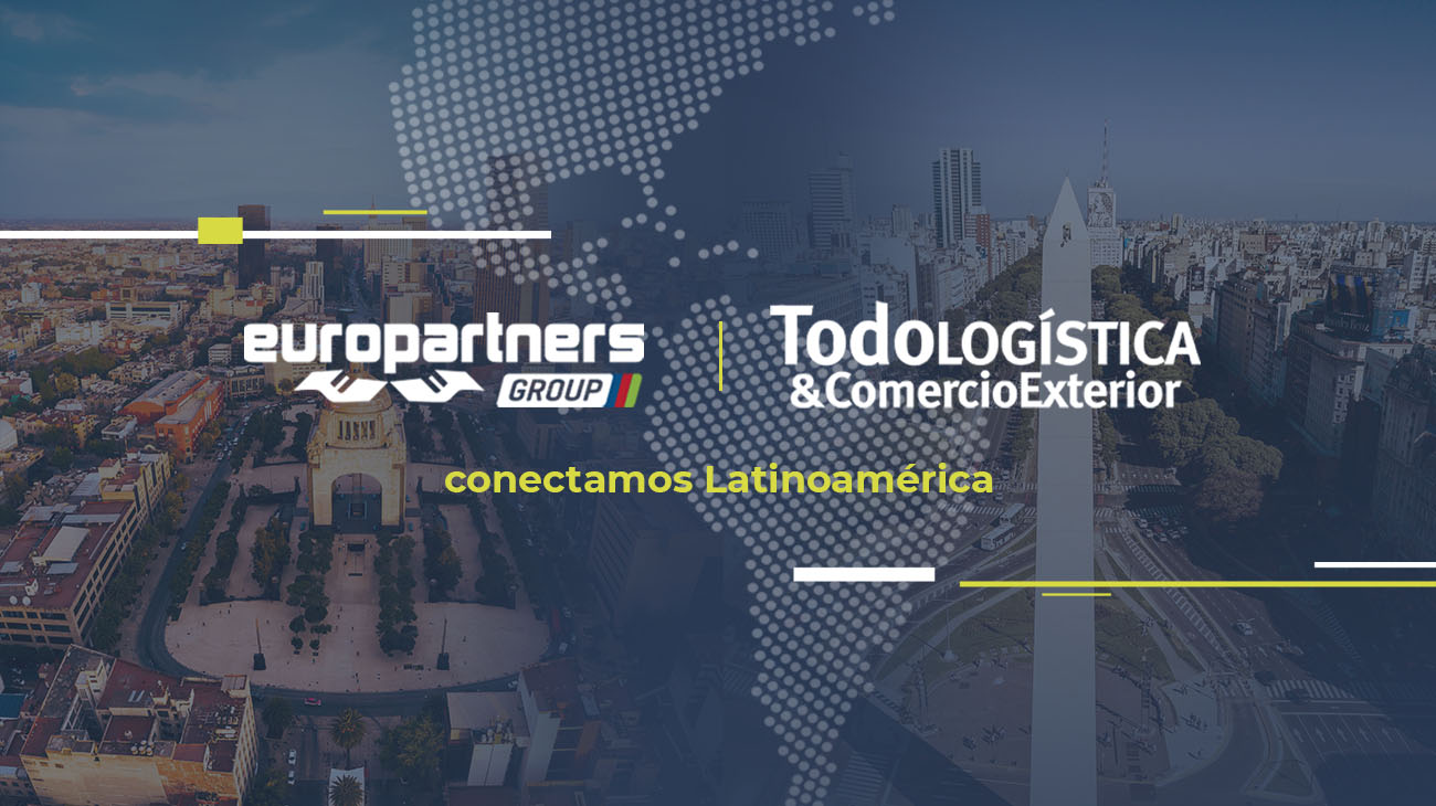 Sobre el mapa de latinoamérica y algunos puntos turísticos de la región, están las logomarcas de Europartarners, de Todologística y está escrito conectamos Latinoamérica